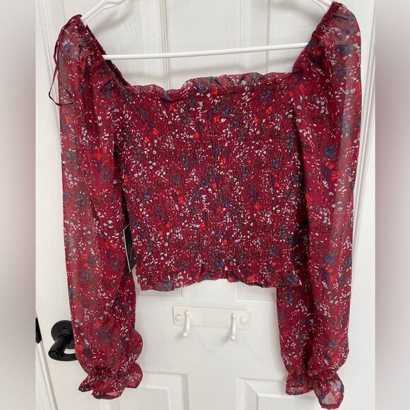 Japna Red Floral Abstract Print Ballon Sleeve Elastic Body Top Women’s Size XS - Picture 2 of 5